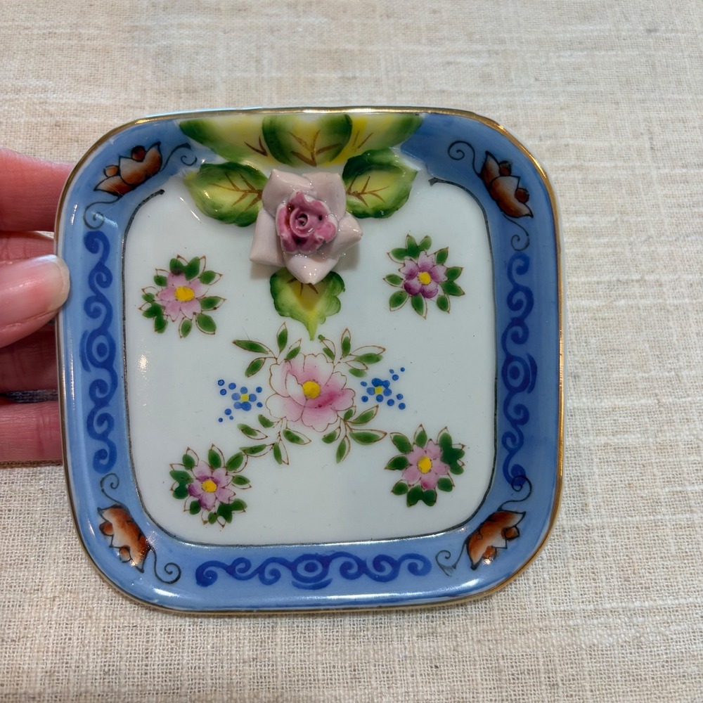 Occupied Japan Vintage Porcelain Floral Trinket Dish 3D Rose Gold Trim Square 4"